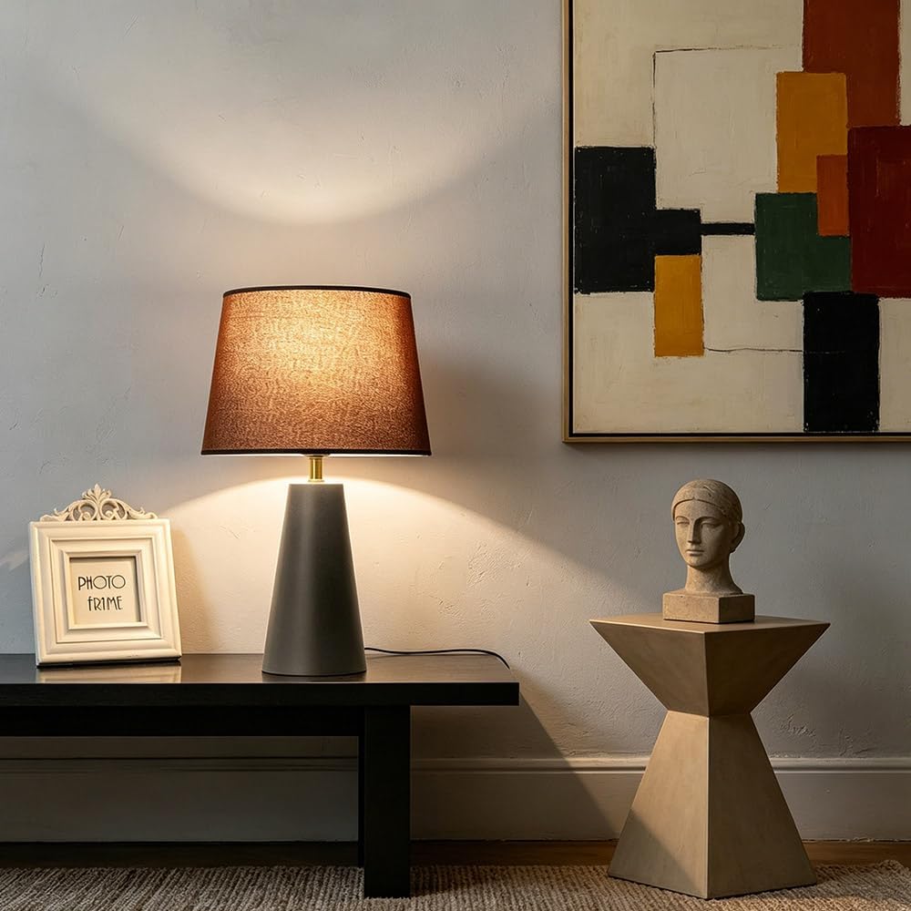 Luminiq Moderne Nachttischlampe – Leinenschirm, schwarzer Metallfuß