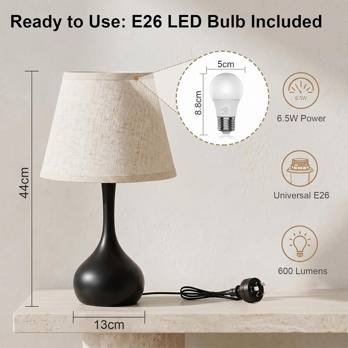 Luminiq Touch-Nachttischlampe – 3-stufig dimmbar mit Stoffschirm